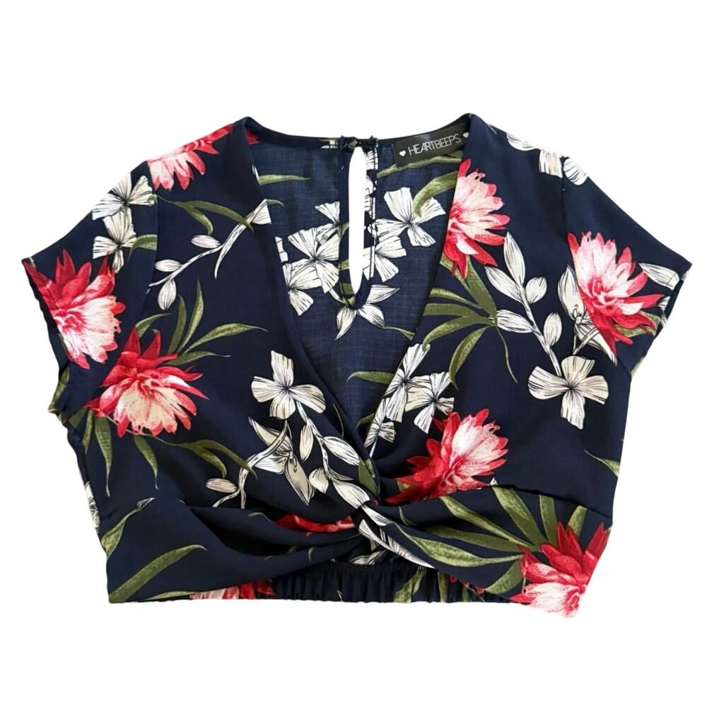 Heartbeeps Floral Deep V-Neck Tropical Crop Top Short Sleeve Blouse Navy Medium